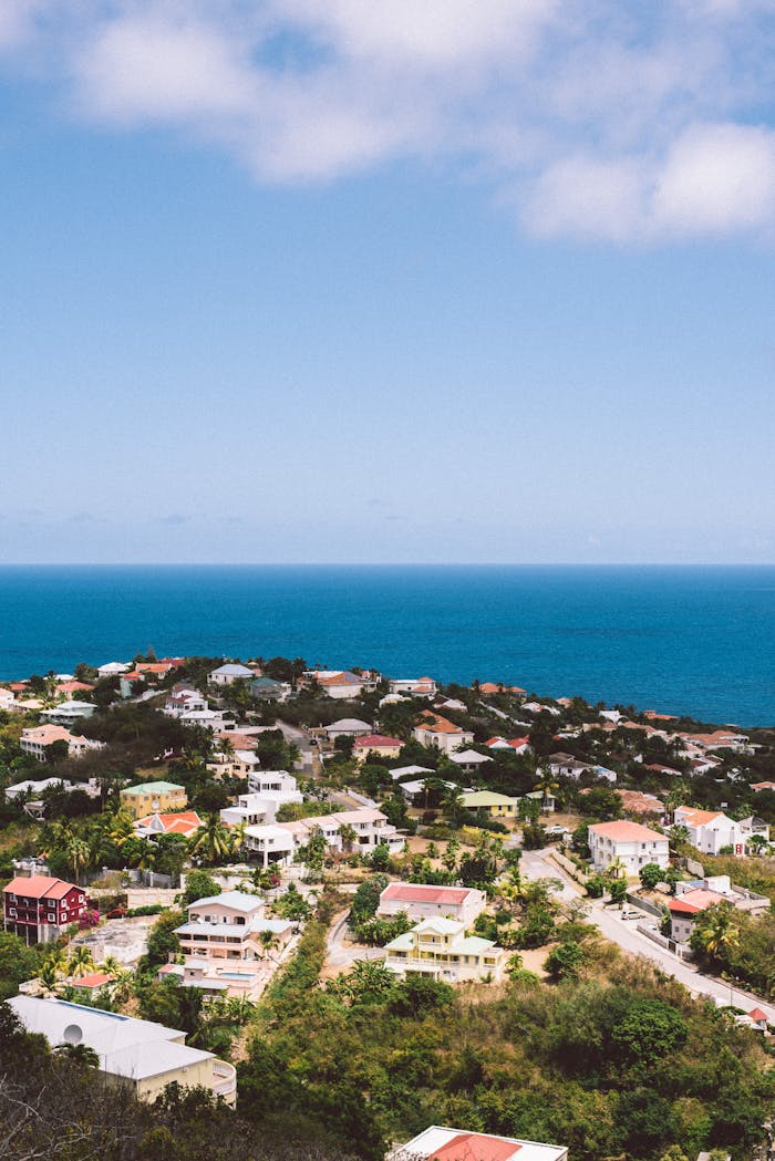 Scenic aerial photo of a coastal town with colorful houses and blue ocean in view.